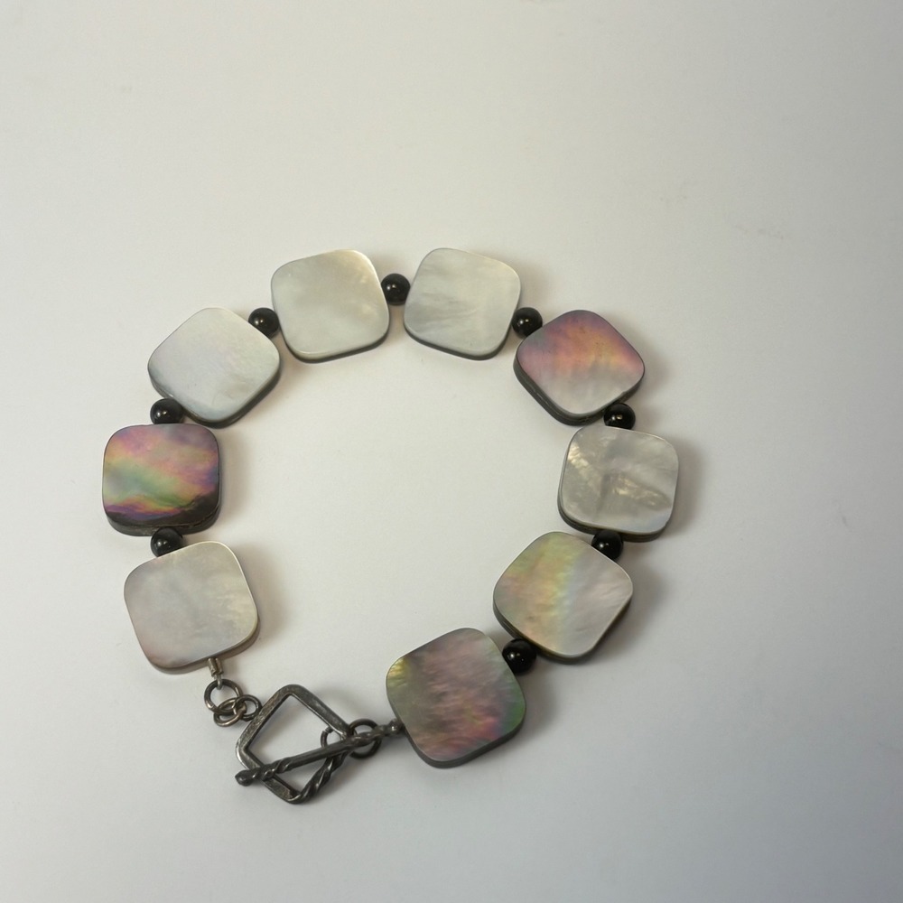Mother of Pearl Shell Bracelet Iridescent Gray Square Tile Boho Statement Goth